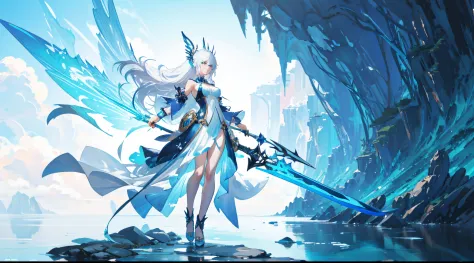 a picture of a woman with white hair and blue dress holding a sword, fantasy art style, trending on artstation pixiv, epic fanta...