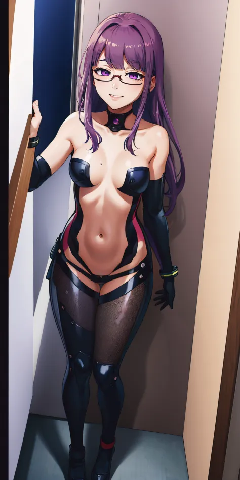 (shaded face:1.2), hollow eyes, purple eyes, looking at viewer, heavy breathing, smirk, upper teeth, glasses, purple hair, long hair, sweating, outfit-blackgh, a woman with purple hair standing in front of a door, a raytraced image by Kentaro Miura, pixiv,...