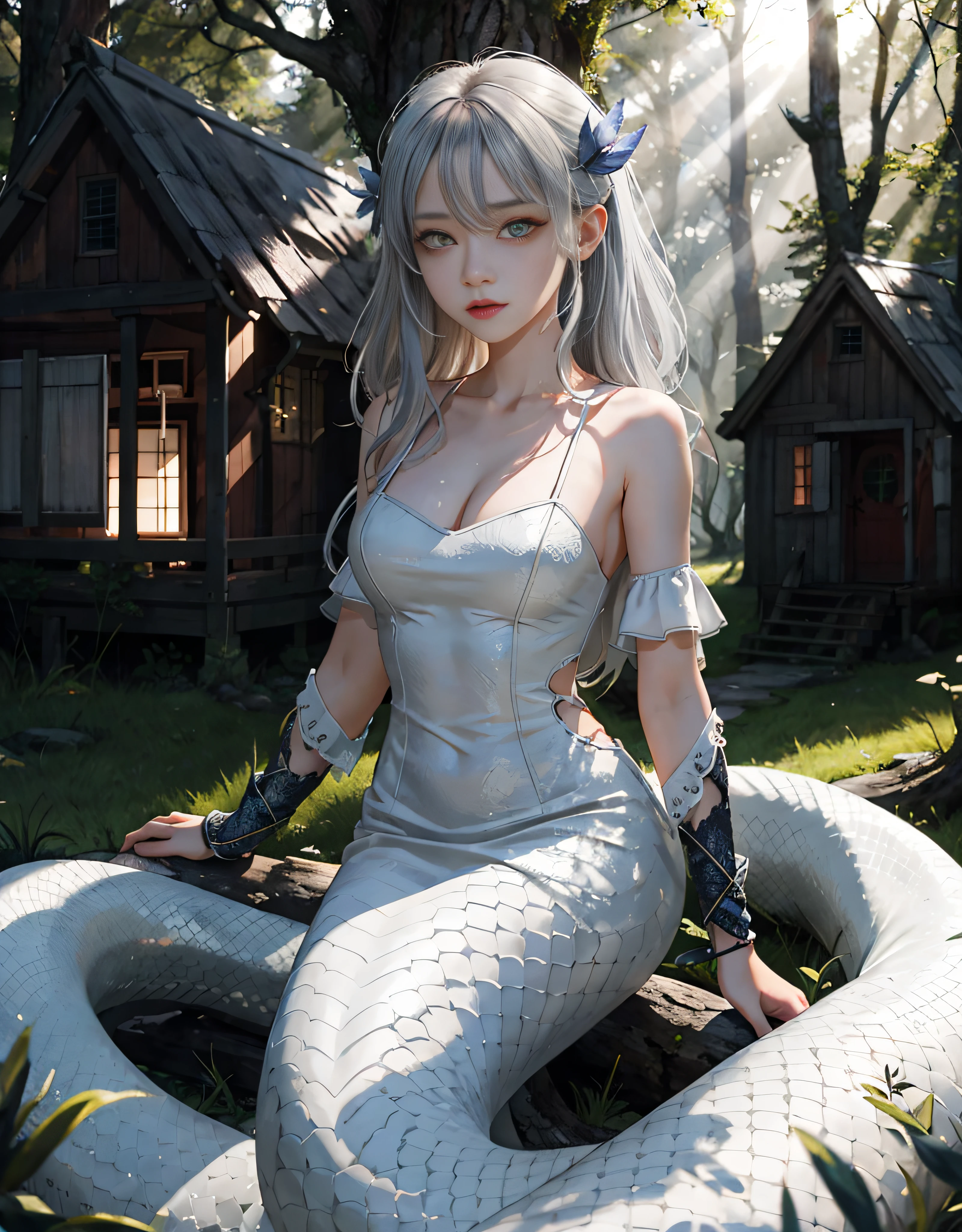 Detailed white snakeskin， Individual focus， （lamia）， stoic， monstergirl， ， beautidful eyes， beatiful background， abandoned cottage， ln the forest， light particules， suns rays， dramatic  lighting， Do lado de fora， grassy， leafs， Shiny （yellow， Red Jewel， White gradient：1.5）， Realistic， tmasterpiece， best qualtiy， ultra - detailed， A detailed， scenecy， Beautiful and delicate eyes， Detailed gray hair，beautiful red eye