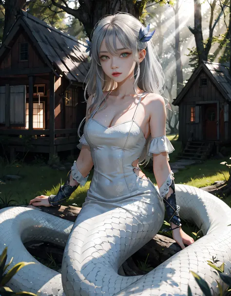 Detailed white snakeskin， Individual focus， （Lamia）， stoic， monstergirl， ， beautidful eyes， beatiful background， abandoned cotta...