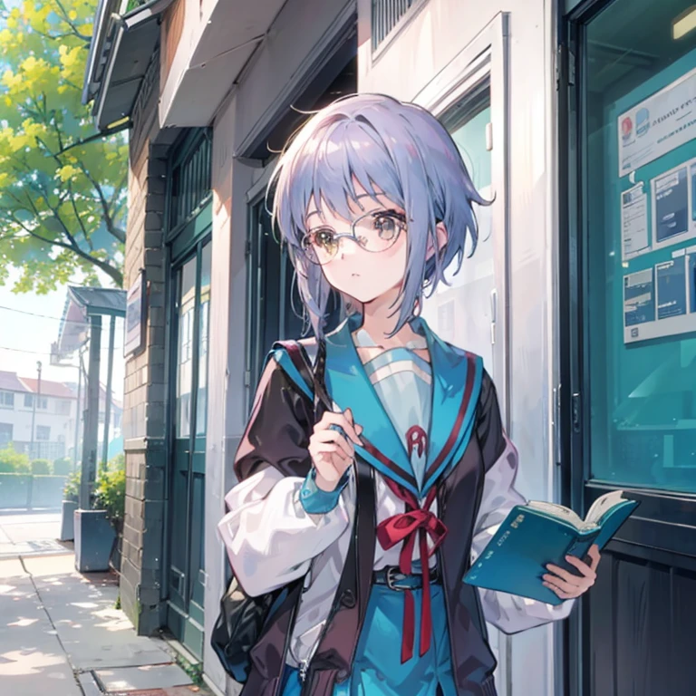 uma linda garota　Caminhando enquanto lê um livro　roupas de estudante、óculos