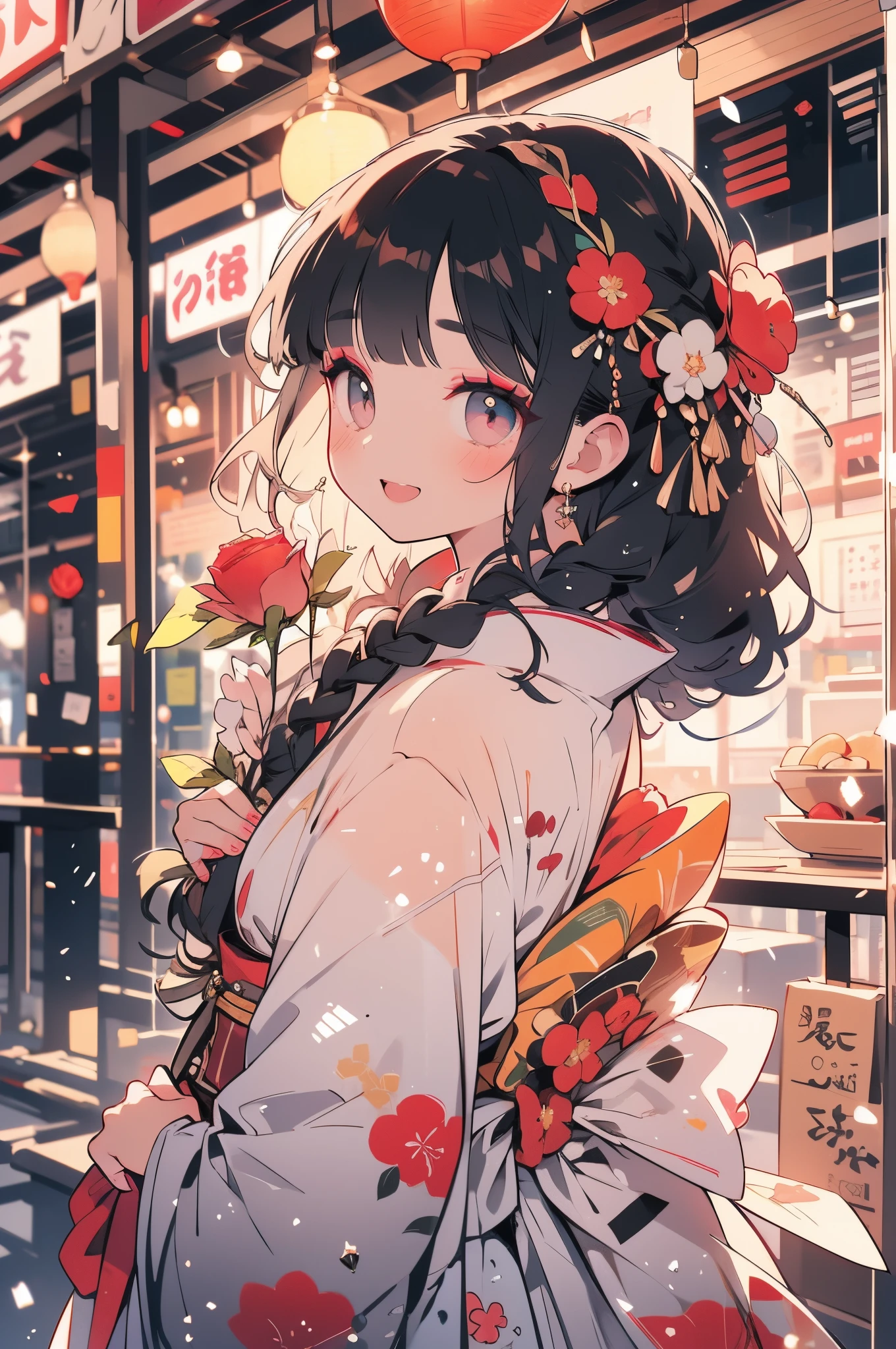 A woman wearing an arrow-patterned kimono on a cold day in Kyoto,Holding a bouquet of roses,Black hair braid gal makeup girl,red delicate makeup,the girl smiles mischievously,Long see-through bangs with parted bangs