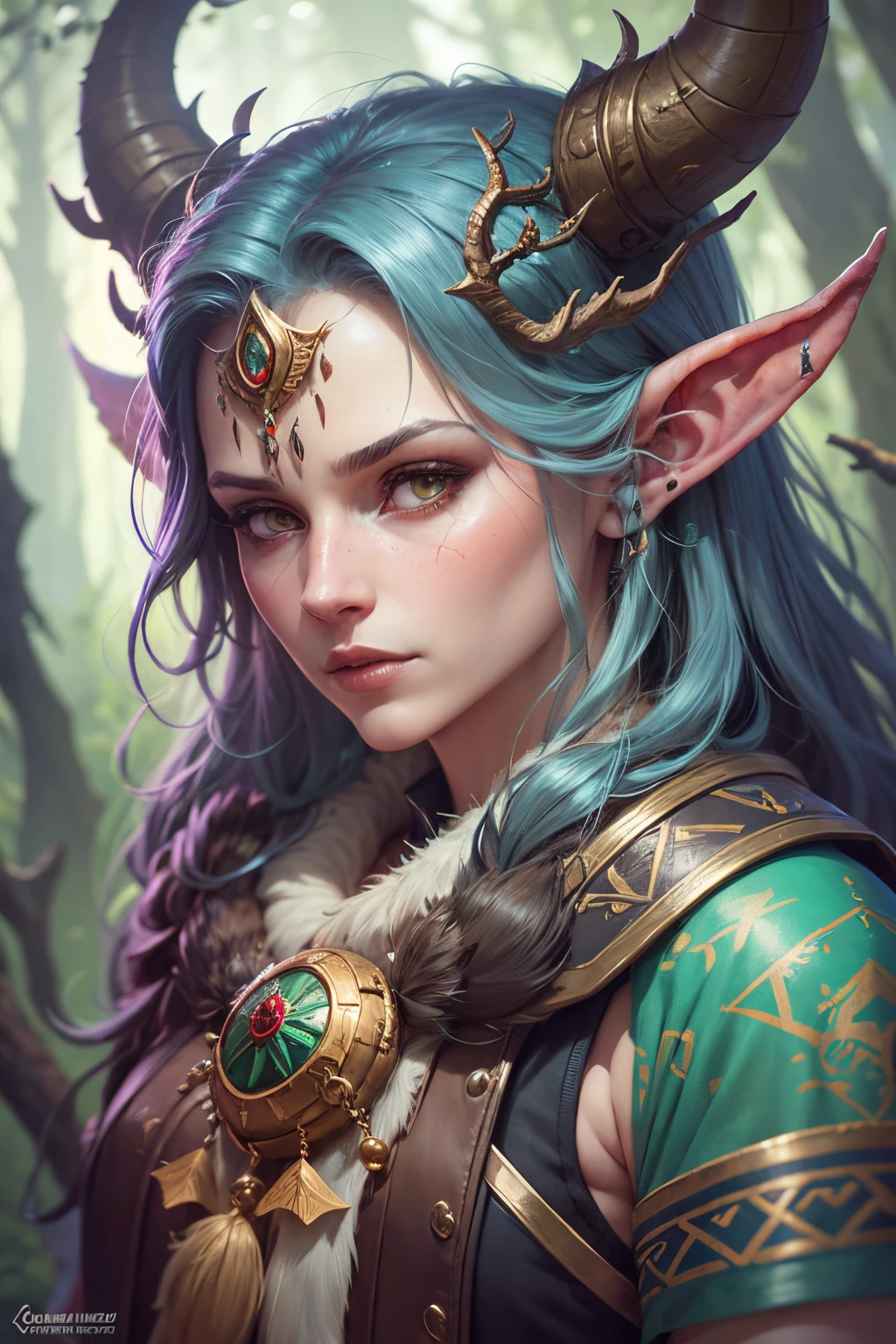 A woman with blue hair and horns in a forest - SeaArt AI