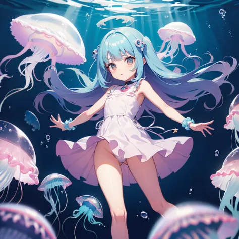 menina bonito sim,peito achatado,kawaii,(jellyfish girl:1.2), arms behind back,underwater,vestido babado,