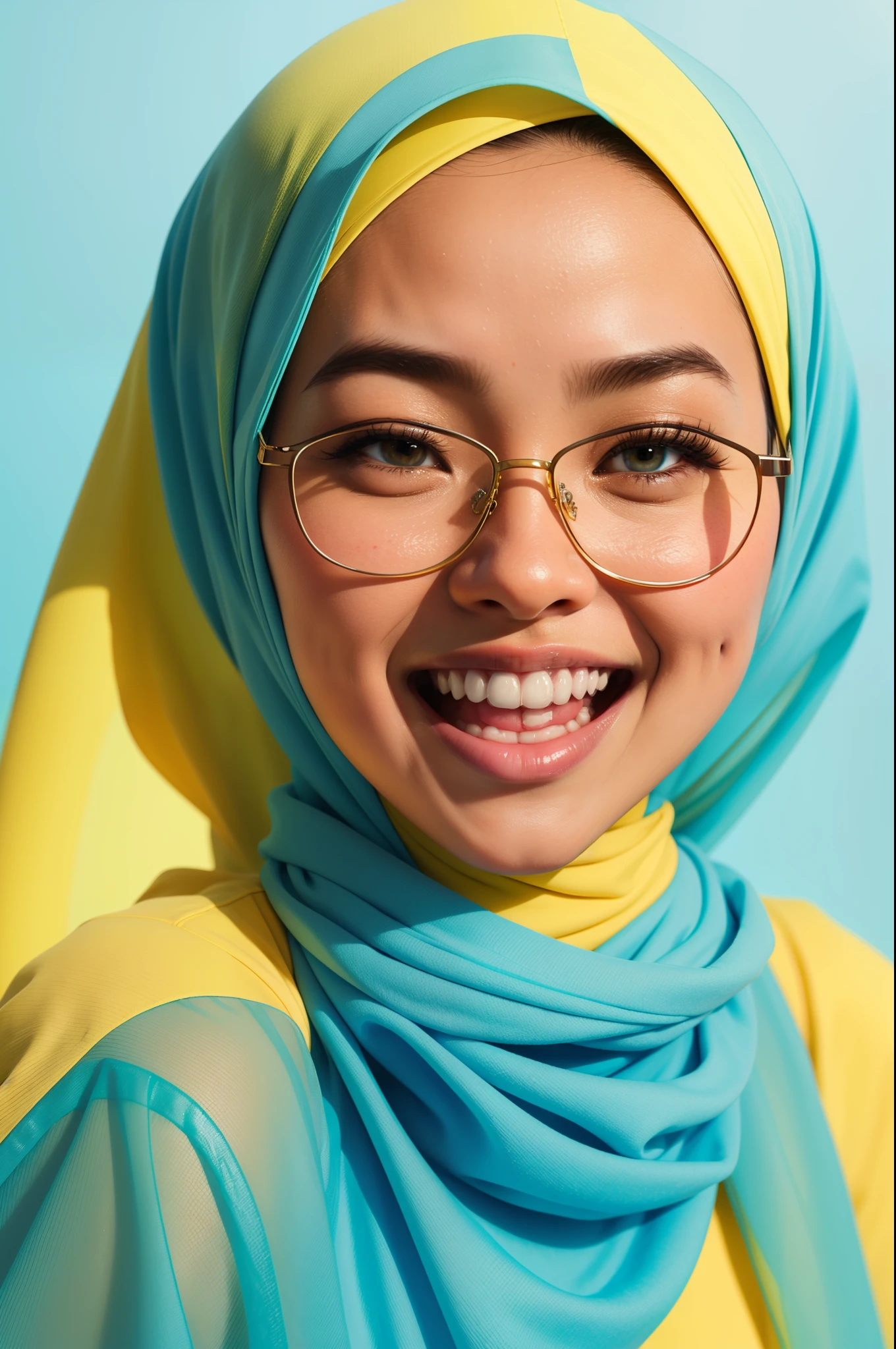 Sexy Malay woman in a light blue panties in front of a yellow background, laughing, glasses, hijab, mira filzah, full portrait, on a yellow canva, full portrait shot, photo of young malay woman, photo of a woman, potrait, in yellow background, extreme close up shot, ultra detail, pastel color grading,