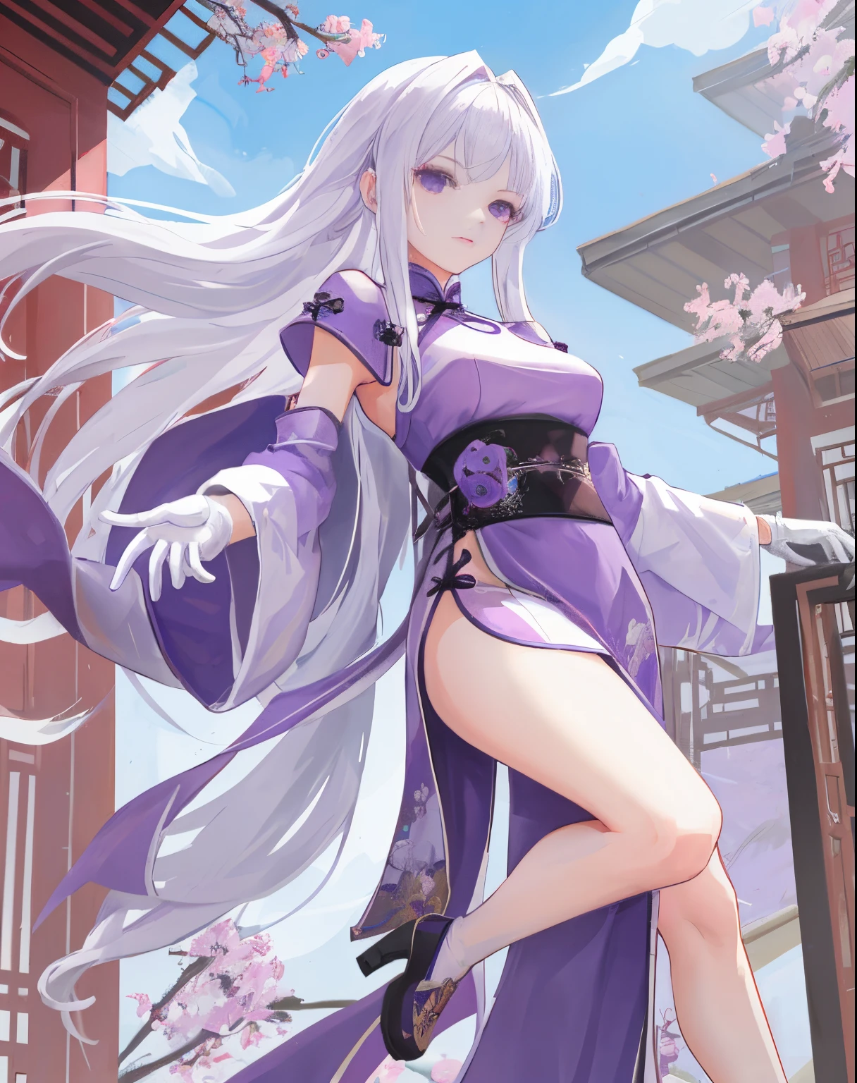Two-dimensional painting style，24-year-old woman，，Long white hair，put on purple robe，Long white gloves are worn on the elbows(Must be above the elbow)，Chinese style architecture