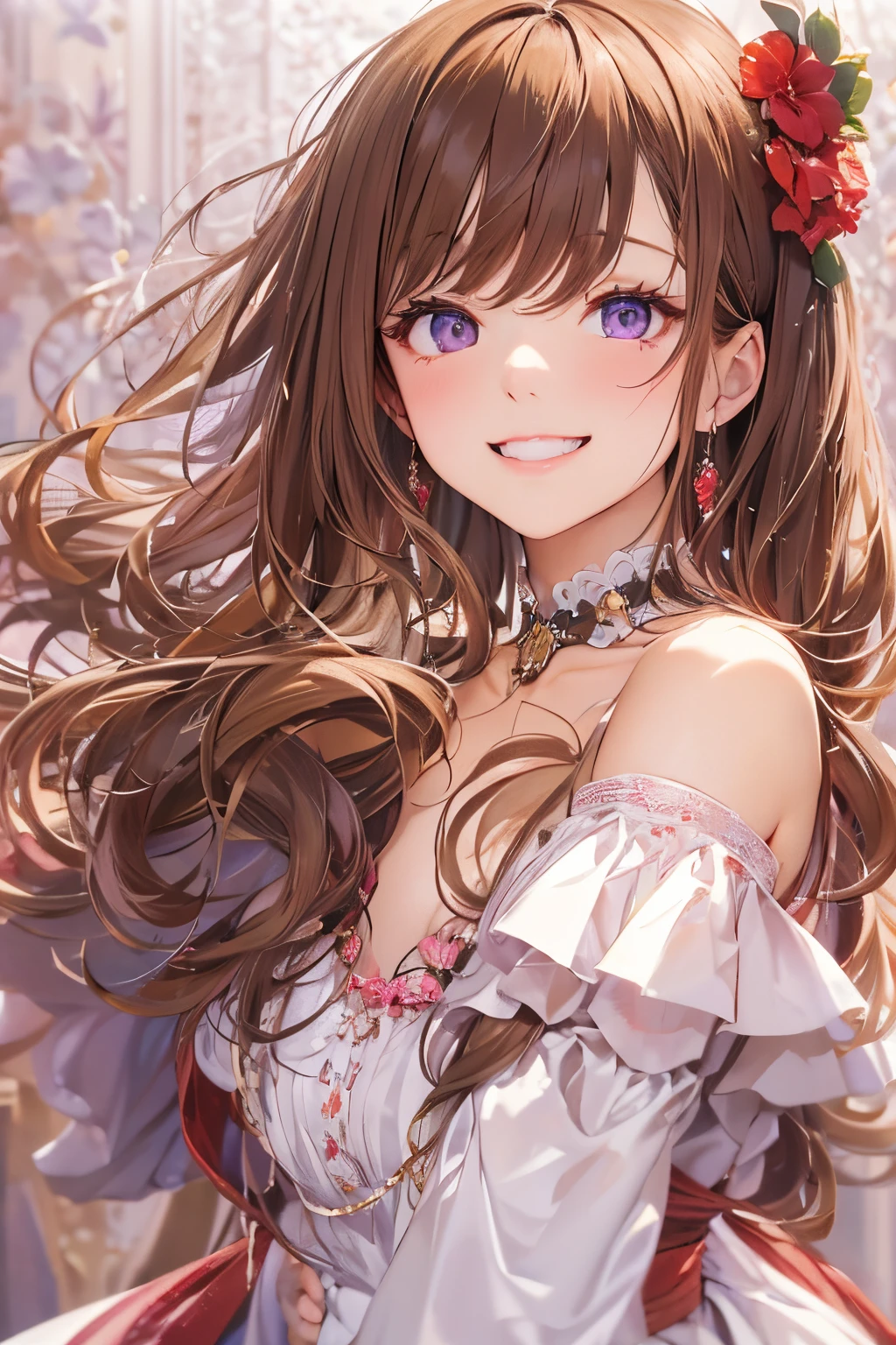 ​masterpiece、top-quality、(brown colored long hair、I have bangs:1.1)、25 year old woman with purple eyes、wearing a red off-shoulder dress、(Emphasis on the chest:1.1)、(modest smile expression:1.3)、(Staring:1.5)、(Close-up of the subject's face:1.3)、is standing、five perfect and beautiful fingers、place the camera over the subject、The background is the  venue、Bold composition、Upper body is shown、Alone、