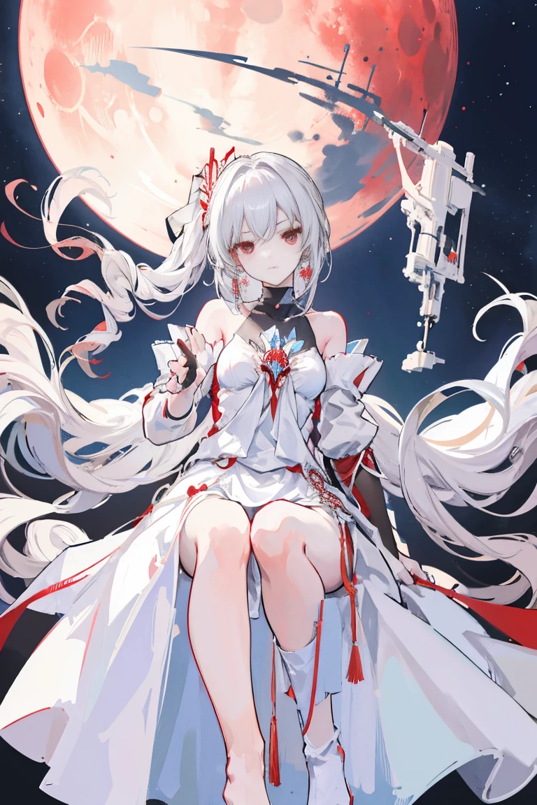 White-haired woman,Red aura around,Beautiful red eyes,White gauze dress, thin, It covers all vital organs except the face..........., Wear a knee-length white dress............,The arm does not reach the top of the hip............,The arms are small.........., But the ligaments are very large............,Soft hands,at night,red moon,turned sideways,Hair piercing