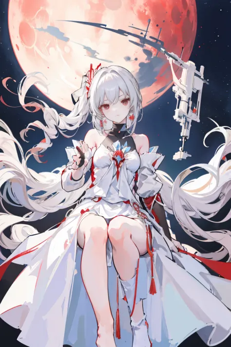 White-haired woman,Red aura around,Beautiful red eyes,White gauze dress, thin, It covers all vital organs except the face..........