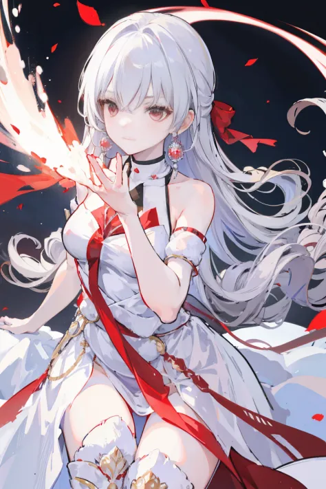 White-haired woman,Red aura around,Beautiful red eyes,White gauze dress, thin, It covers all vital organs except the face..........