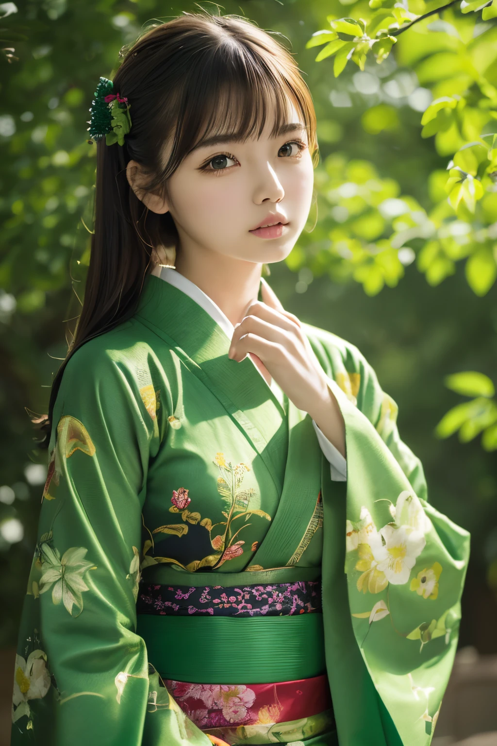 (((Green world:1.3)))、Best Quality, masutepiece, High resolution, (((1girl in))), sixteen years old,(((Eyes are green:1.3)))、Green kimono、((Deep green kimono with red floral pattern)), Tindall Effect, Realistic, Shadow Studio,Ultramarine Lighting, dual-tone lighting, (High Detail Skins: 1.2)、Pale colored lighting、Dark lighting、 Digital SLR, Photo, High resolution, 4K, 8K, Background blur,Fade out beautifully、Green world