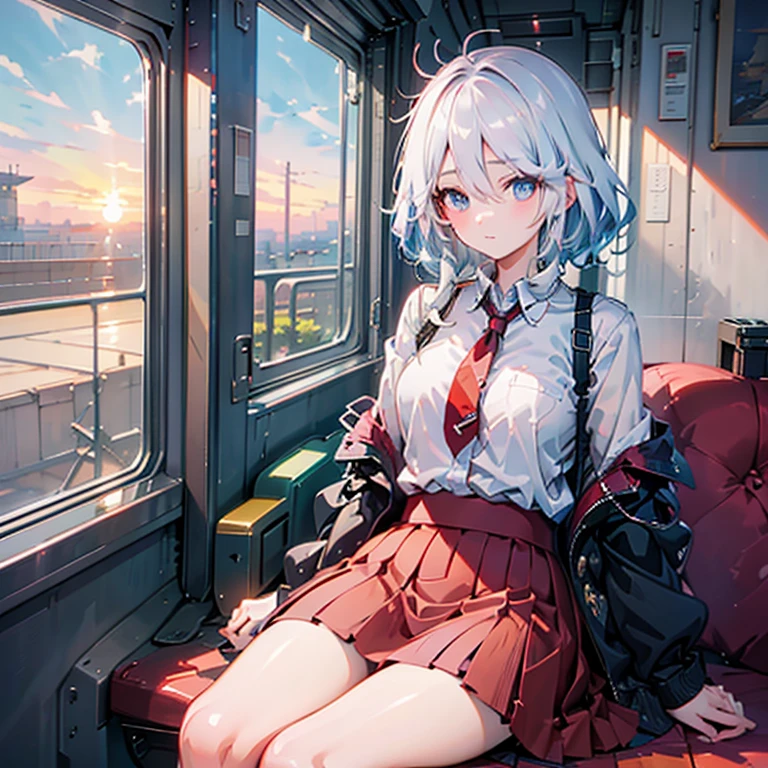 anime girl sitting on a train looking out the window, beautiful anime portrait, lofi portrait at a window, beautiful anime girl, lofi portrait, lofi girl, portrait anime girl, artwork in the style of guweiz, high quality portrait, with sunset, attractive anime girl, cute anime girl, realistic cute girl painting, anime style, 8k, White shirt, short-sleeved shirt, red skirt, short skirt, 1 red tie