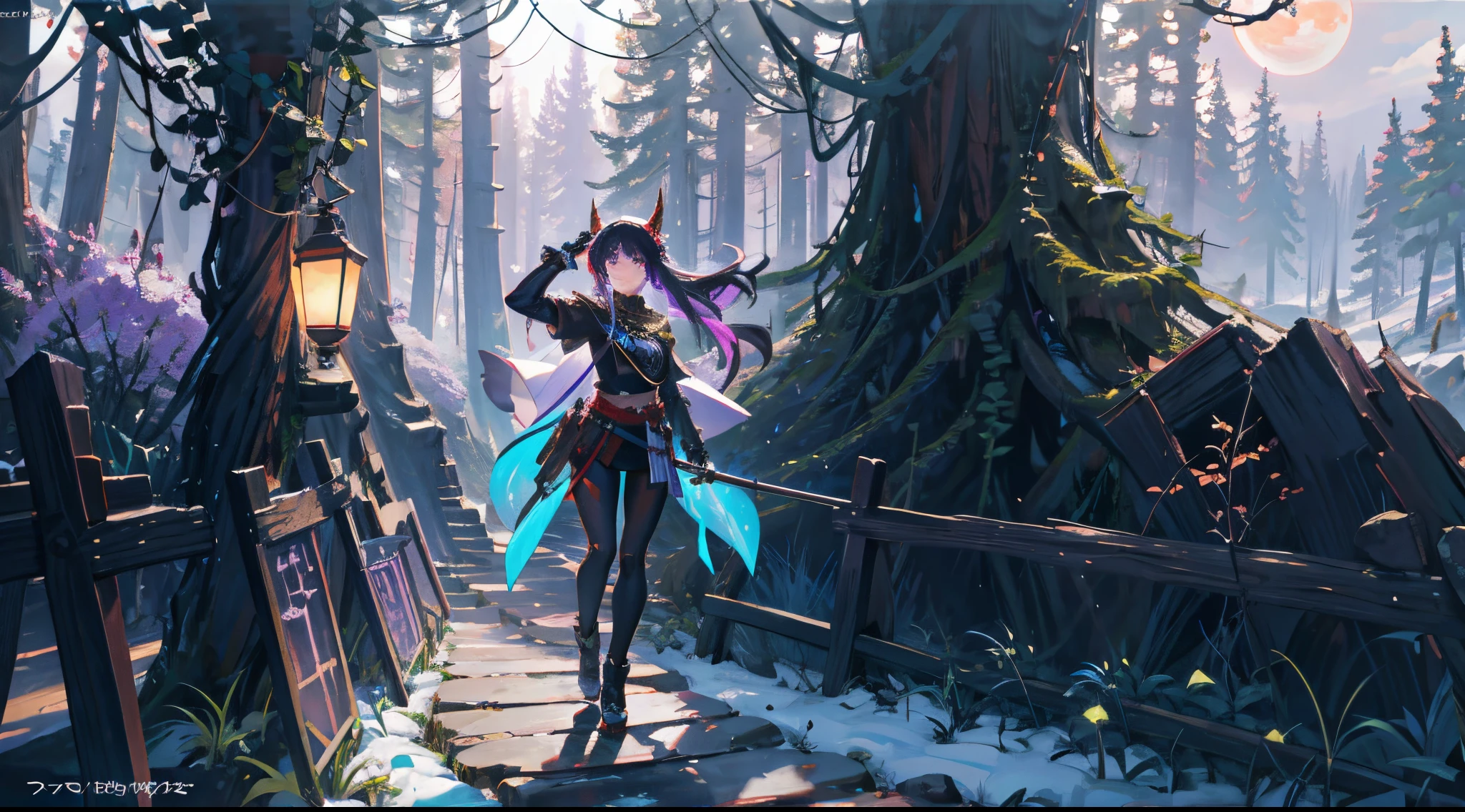 a picture of a woman with black mid lenth hair holding a lance, fantasy art style, trending on artstation pixiv, epic fantasy art style, fanart best artstation, fantasy character design, fantasy style art, (high quality character design:0,5), detailed anime character art, character design art, detailed digital 2d fantasy art, Divine:1, better quality, 8k, full body, white background, solo, 1girl, expressive eyes, genshin inspired clothes, forest themed, forest background, coming out of forest, lance with lantern on top, lycoris flowers in foreground, puffy sleeves, tight black pants, lavender cape, moody colors, moonlight