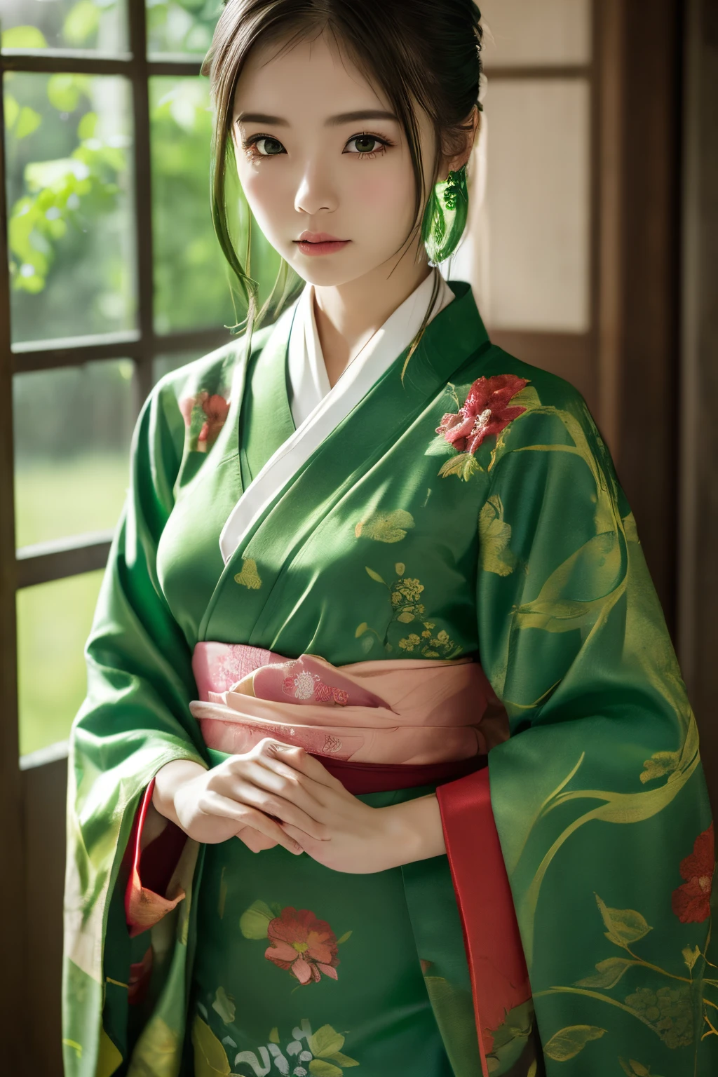 (((Mundo verde:1.3)))、mejor calidad, Mesa, alta resolución, (((1 chica en))), dieciséis años,(((los ojos son verdes:1.3)))、Yamato Nadeshiko viste maravillosamente el kimono、((Kimono verde intenso con estampado floral rojo,kimono de color oscuro)), Efecto Tindall, Realista, Estudio de sombras,Iluminación ultramarina, iluminación de dos tonos, (Máscaras de alto detalle: 1.2)、Iluminación de colores pálidos、iluminación oscura、 Cámaras réflex digitales, foto, alta resolución, 4k, 8k, Desenfoque de fondo,Desvanecerse maravillosamente、Mundo verde