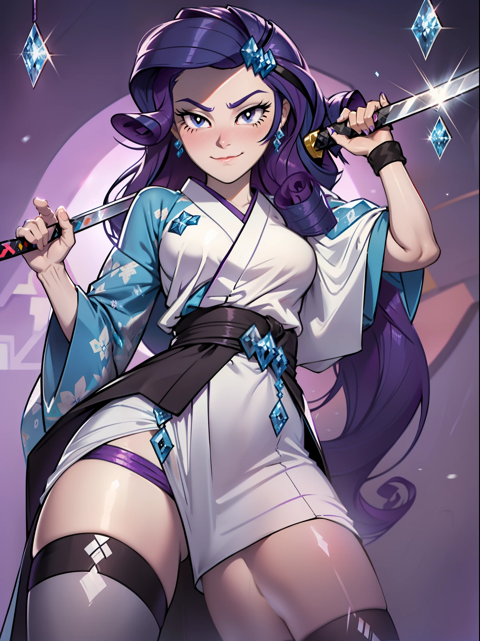 Rarity, Rarity of My Little Pony, big breastes, Lush breasts, elastic breasts, exuberant hair, purple hair, straight hair, samurai, kimono , smirk, serious face, Katana in hand, big iron katana, very long katana, emphasis on the sword, shiny sword, glitter sword, view from bottom, Foreshortening from the ground, fishnet stockings, ruby hairpin, white outfit, clothes with crystals, lots of white and purple, beste-Qualit, Very detailed, diamonds and rhinestones, jewelry everywhere, Brilliant background