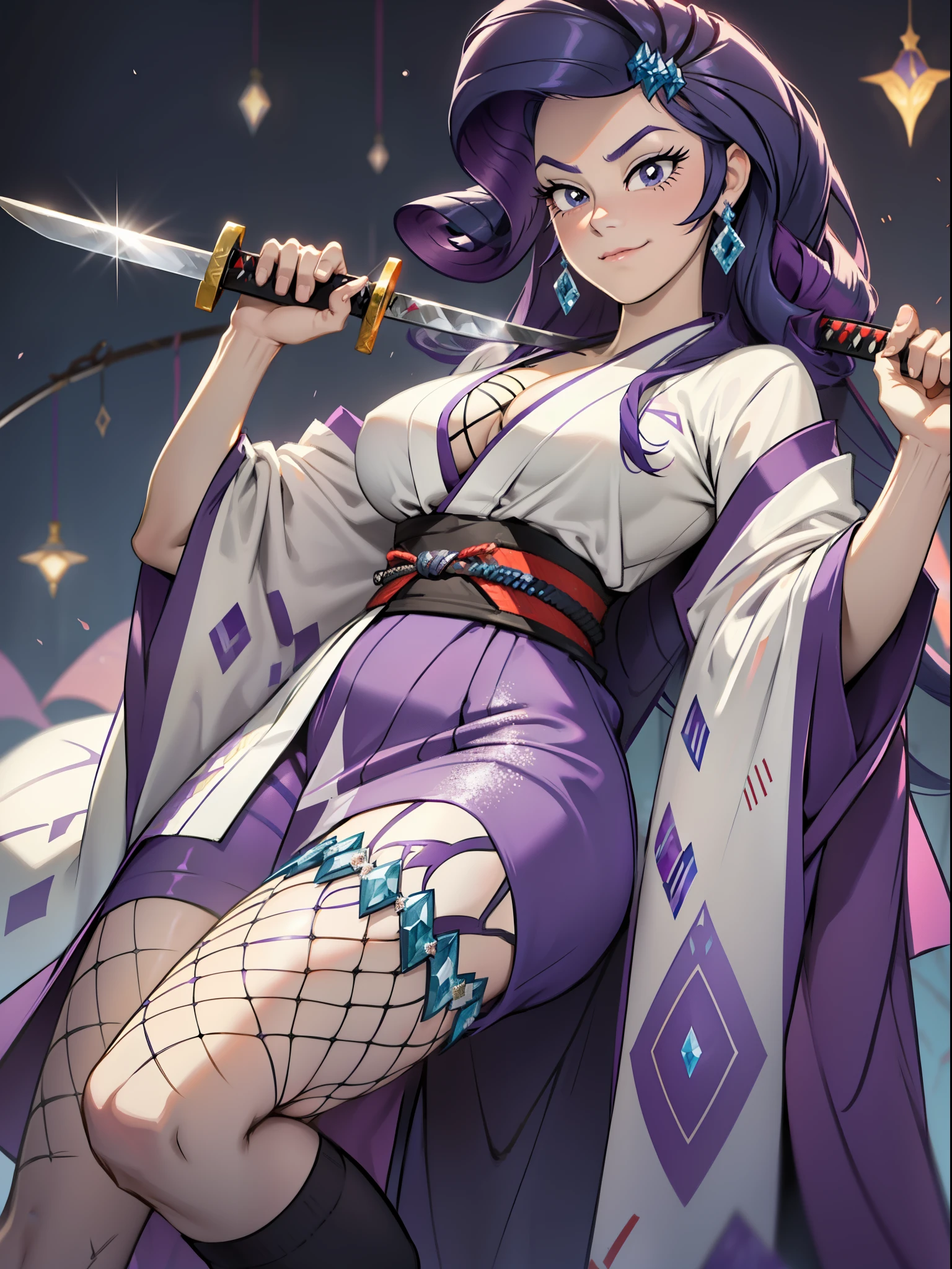 Rarity, Rarity of My Little Pony, big breastes, Lush breasts, elastic breasts, exuberant hair, purple hair, straight hair, samurai, kimono , smirk, serious face, Katana in hand, big iron katana, very long katana, emphasis on the sword, shiny sword, glitter sword, view from bottom, Foreshortening from the ground, fishnet stockings, ruby hairpin, white outfit, clothes with crystals, lots of white and purple, beste-Qualit, Very detailed, diamonds and rhinestones, jewelry everywhere, Brilliant background