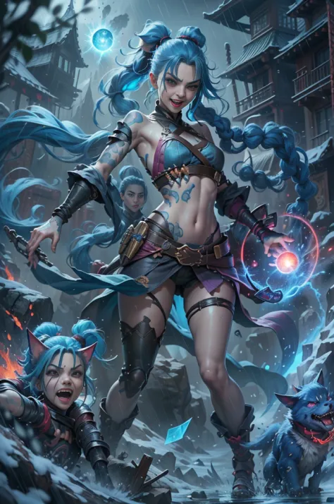 (long-range shooting: 1.5), jinx \(league of legends\), (1girl，league of legends jinx)，(scarlet eyes: 1.2, crazy laughter, blue ...