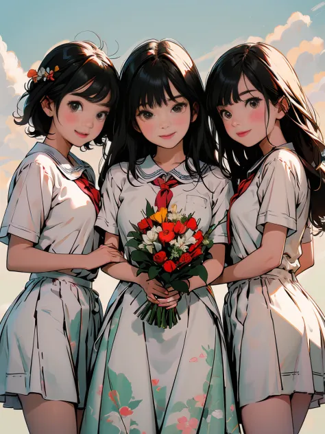 Three girl graduates wearing caps and gowns, smiling happily together for a group photo, holding a bouquet of flowers, the backg...