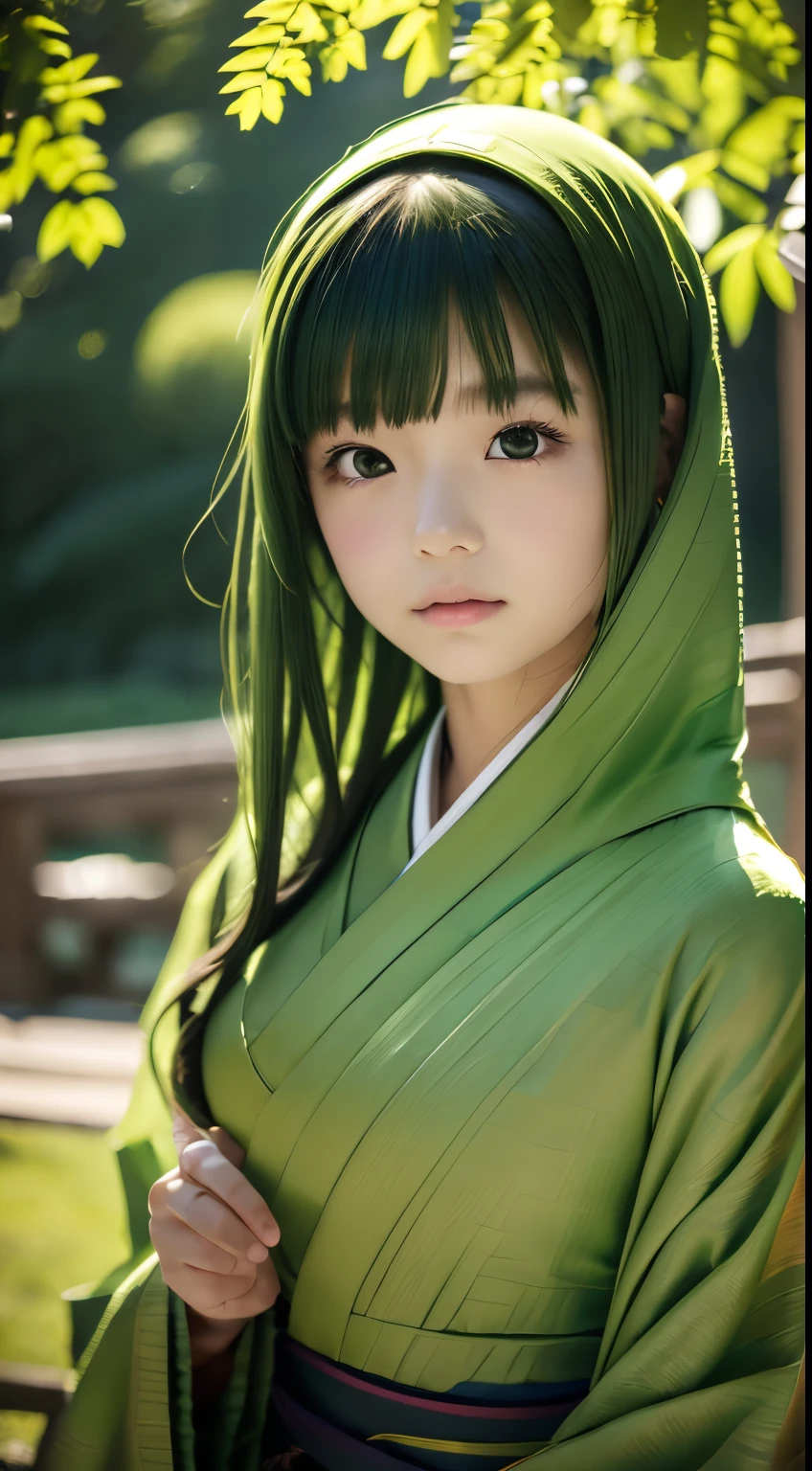 (((Green world:1.3)))、Best Quality, masutepiece, High resolution, (((1girl in))), sixteen years old,(((Eyes are green:1.3)))、Yamato Nadeshiko wears kimono beautifully、((12 Simple、traditional junihitoe)), Tindall Effect, Realistic, Shadow Studio,Ultramarine Lighting, dual-tone lighting, (High Detail Skins: 1.2)、Pale colored lighting、Dark lighting、 Digital SLR, Photo, High resolution, 4K, 8K, Background blur,Fade out beautifully、Green world