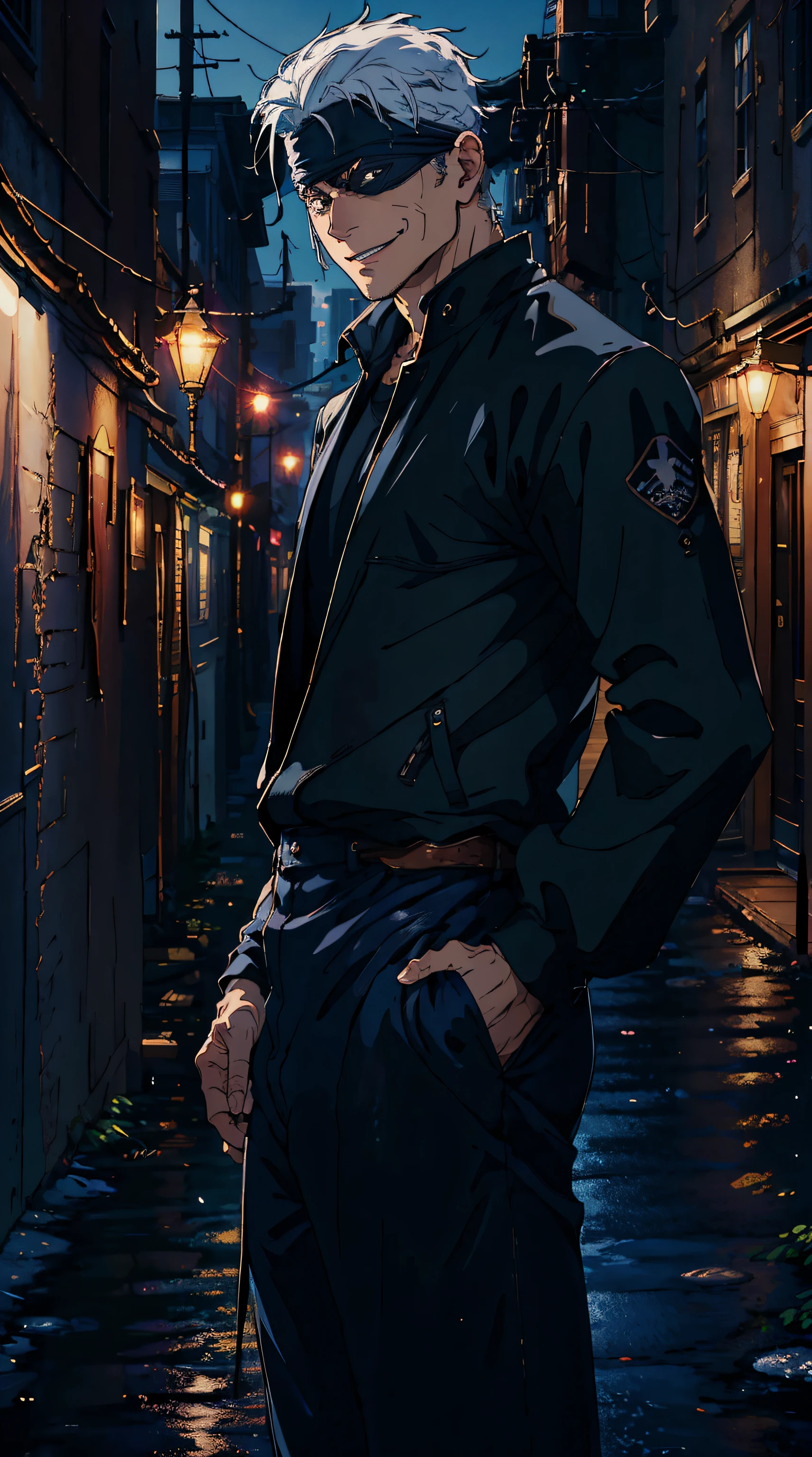 (masterpiece, best quality:1.2), cowboy shot, solo, male focus, 1boy, gojo satoru, smile, hands in pockets, blindfold, black jacket, highest quality digital art, rtx, ray tracing,night, moonlight,on top of a building, night lights,city