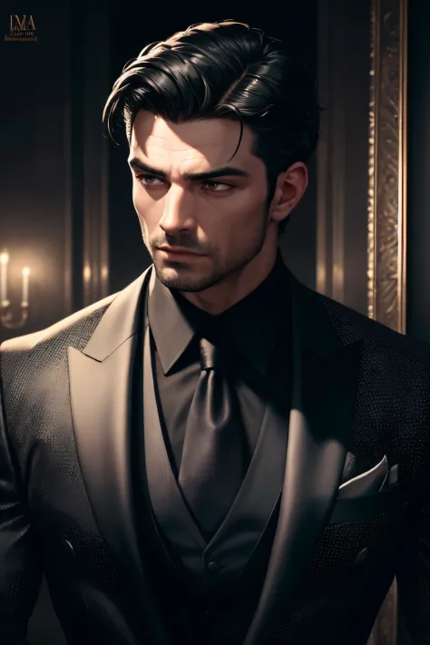 realistic (muscular man:1.1) mob boss, wearing intricate black elegant suite, portrait, short hair, jewelry, in a nightclub, spo...