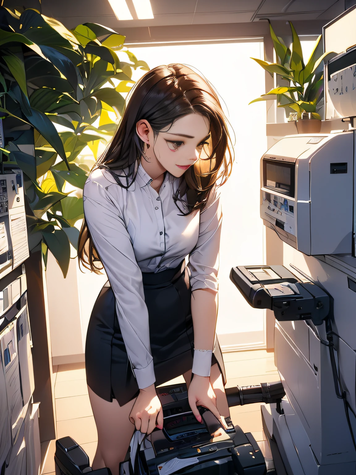 (looking away, shift off center, cinematic perspective), 1woman, (((Precise facial depiction))), (((X stands for the copy machine in this prompt))), ((put on her crotch X))), (orgasm face), ((wearing suit)), small earrings, small breast, tight skirt, ((plants)), in the office,