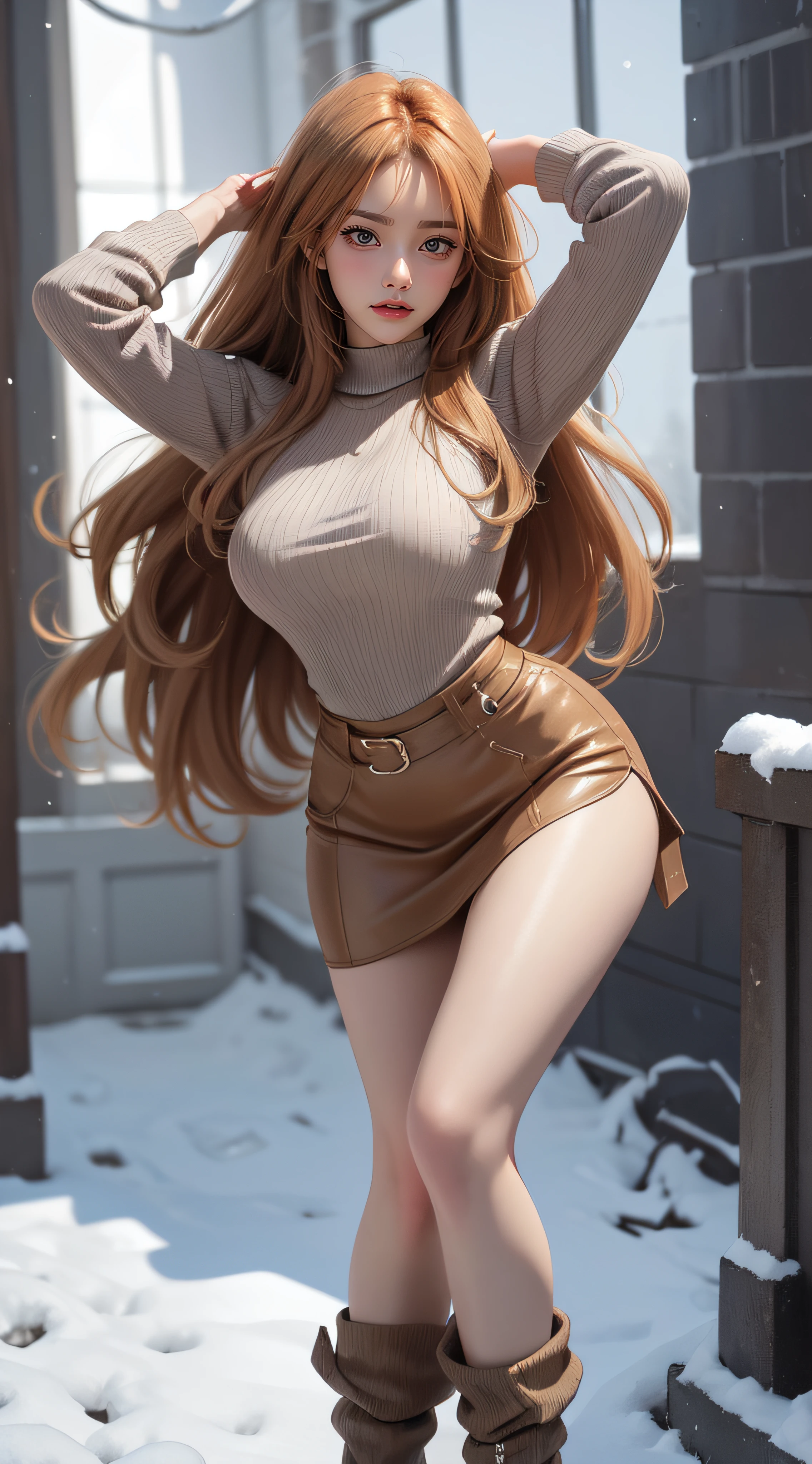 It's snowing,spread arms,town,(ultra detailed skin),curvy,,beautiful breasts,large breasts,pale skin,pointy breasts,erect nipples,(fantasy art,Highest image quality,Hyperrealist portrait,(8k),ultra-realistic,best quality, high quality, high definition, high quality texture,high detail,beautiful detailed,fine detailed,extremely detailed cg,detailed texture,a realistic representation of the face,masterpiece,Sense of presence,Dynamic,bold),(thin hair),(soft hair),Swept long bangs,extra light coppery amber hair,hair over one eye,clothed,(baggy sweater),tight mini skirt,stockings,Engineer boot,girl
