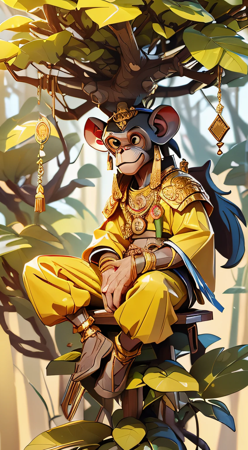 Create the image of a small and thin young chimpanzee, he is the son of the monkey king and wears golden clothes of nobility, and is on top of a tree. in the style of the movie Planet of the Apes. are in a forest