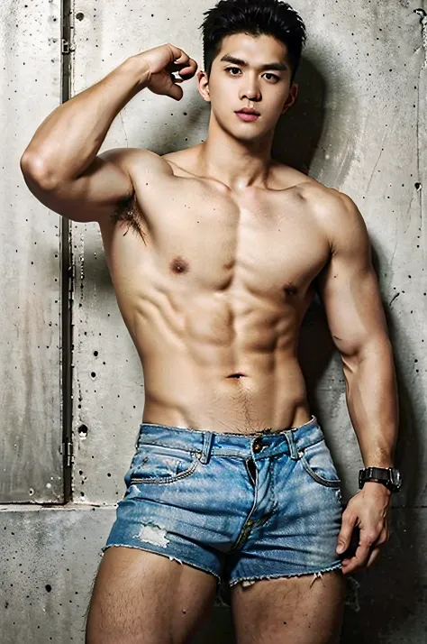 Southeast Asian handsome guy，chest muscle。Abs，large muscle，pantiess，（（The crotch is raised）)