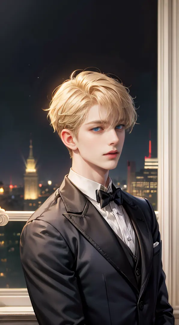 Beautiful One Boy, short blonde hair with bangs down, Blue eyes, Blurred background, high resolution mansion, wearing a beautifu...