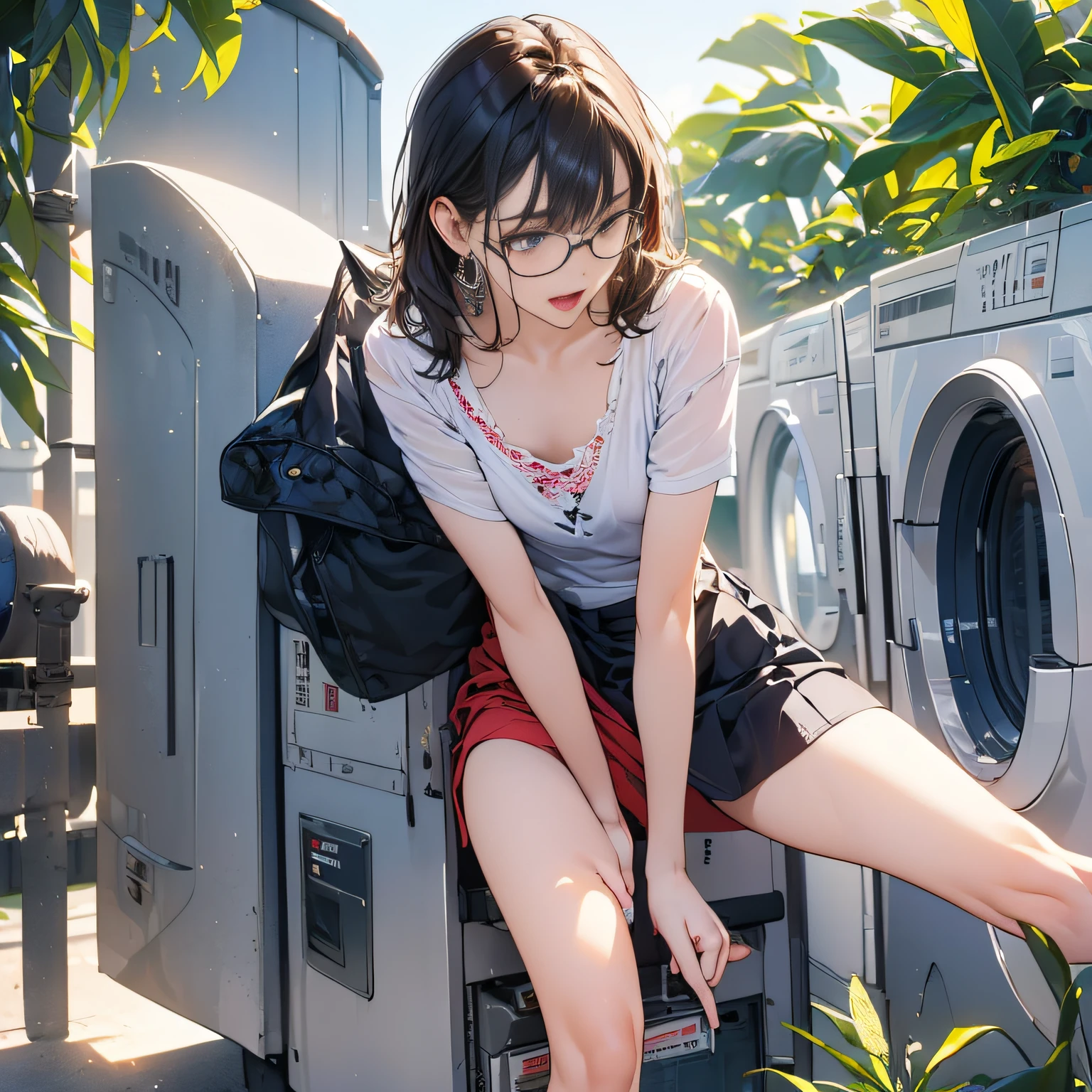 (looking away, shift off center, cinematic perspective), 1woman, (((Precise facial depiction))), (((X stands for the laundry machine in this prompt))), ((put on her leg X))), (((X and crotch are touching))), (orgasm face), small earrings, small breast, tight skirt, ((plants)), glasses,