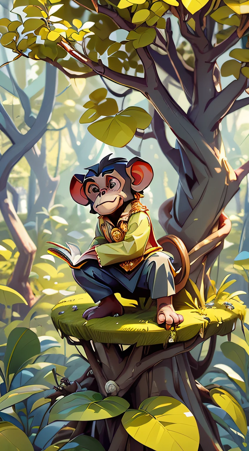創造一個又小又瘦的年輕黑猩猩的圖像, 並穿著黃金王子的衣服, 並且在樹頂上. 拿著一本書, 將書交給人類商人, 誰在地面上面向樹. 電影《猩球崛起》的風格. 在森林裡