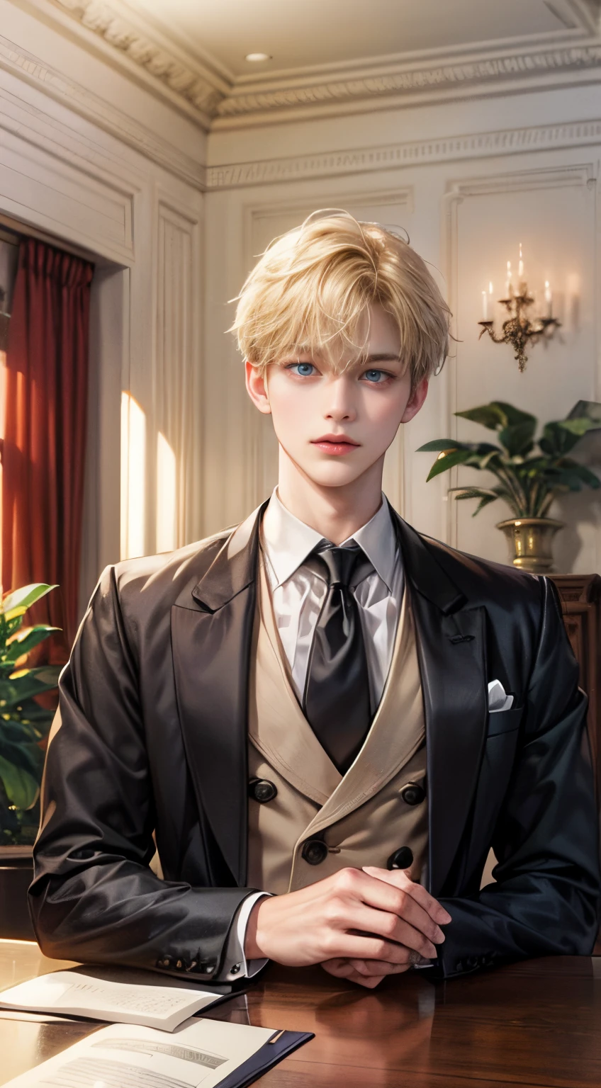 ein Junge, Eine Butleruniform tragen, kurze blonde Haare mit offenem Pony, blaue Augen,  Villa mit hoher Auflösung, Ganzkörperfokus