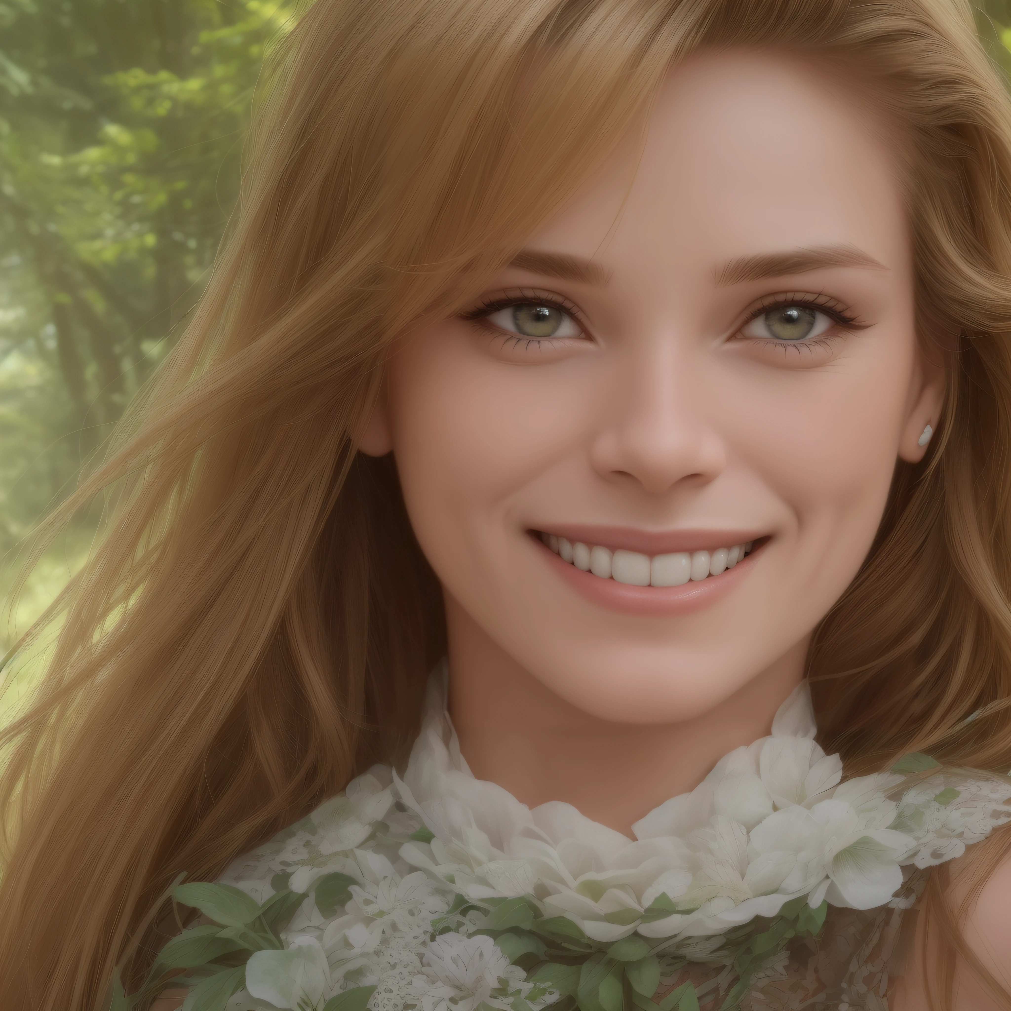 A close up of a woman with long hair and a flower necklace - SeaArt AI