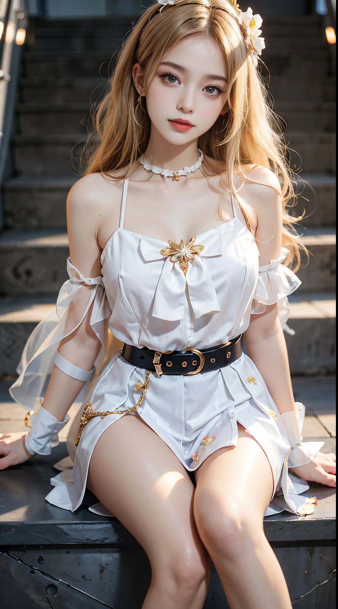 ((realistic)), a young girl, beautiful teenage girl, White floral dress, high-waist, Nice belt, cropped shoulders, slim, Slimming the waist, high-heels, Shy, grin, 耳Nipple Ring、choker necklace、Hairpins，Heavy makeup，Gorgeous eye makeup，extremely beautiful eyes, golden hair, curlies, Long flowing hair, simple backgound, Sit Pose, Stairwell, sit on stairs, Cross ed leg, Flirting skirts, posed for photo, posing elegantly, Random shooting angle, warm lights, a warm color palette, Professional lighting, Photon Mapping, Radio City, Physically-based rendering, RAW photos, Best quality, beauitful face,  Beautiful skins， Attractive， Ultra-high resolution， ultra real photo