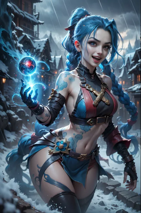 (Long-range shooting: 1.5), jinx \(league of legends\), (1girl，League of Legends Jinx)，(Scarlet eyes: 1.2, crazy laughter, Blue ...