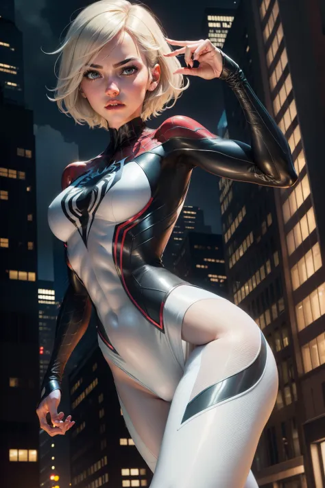 Female Spider-Man Gwen，white business suit，Black spider symbol，Ballet shoes，Golden ratio chart, Flexible body，calm expression，new york city at night，Handsome gestures，heroism，majestic-looking，Abs