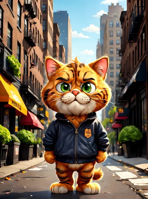 Cute Cartoon, CuteCartoonAF, sticker, (cute cartoon style:1.3), (solo:1.3), adorable ((Garfield)) (vivid big eyes) (((looking at the viewer))), ((wearing casual clothes)), ((walking on the New York street)), urban street background, masterpiece, 4k, highly...