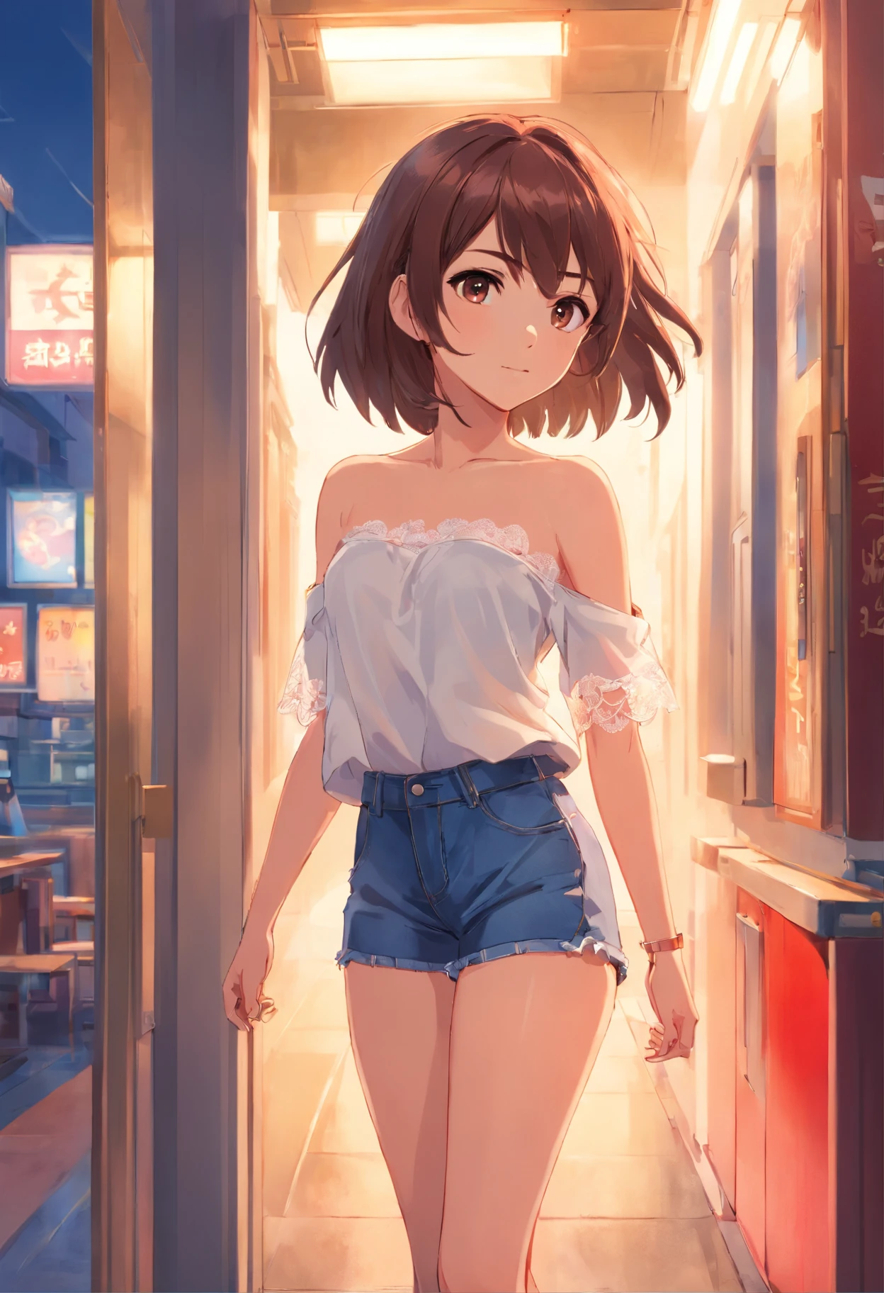 Anime girl in short shorts walking down a hallway - SeaArt AI