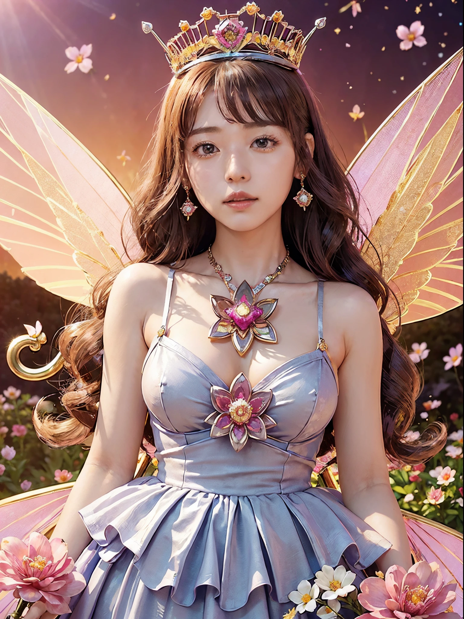 (masutepiece), Professional , ​masterpiece、top-quality、photos realistic , depth of fields （Gemstone Flower Metal Body:1.4),(Matte Silver Pink、Jewel Gold Weapon、（Gorgeous castle background）、（ultimate beauty girl）、（Flower rainbow fairy wings grow）、（Jewel Flower Metal Body:1.９),Gorgeous Jewel Metal Weapons , Detailed Sword of the Brave ,（ a blond）   ,warhammer 40k ,(（Floral Micro Bikini）)、Particles of light、（Beautiful flower garden background）、 adepta sororitas,Detail and ornate jewel crown、solo、Brown hair、（Gangle's forest background）、Beautiful Caucasian beauty、１a person、dynamic ungle,(((Diamond tiara with detail and luxury)))、a small face、Powerful poses、（Gorgeous castle background）、huge filesize、20 year old beautiful woman、Thin female fingers、Straight long hair、Beautiful Caucasian beauty、Valley、Fairy of Light、Particles of light、