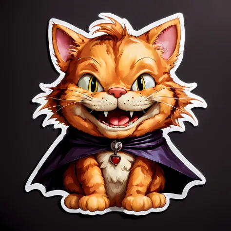 big (sticker) of a sitting adorable (((Garfield))) the iconic tabby ((smiling at the viewer)) ((fangs)) ((vivid eyes)), ((wearing dracula's cape)), (((abstract gothic background))), 4k, masterpiece, ultra high quality, stickers