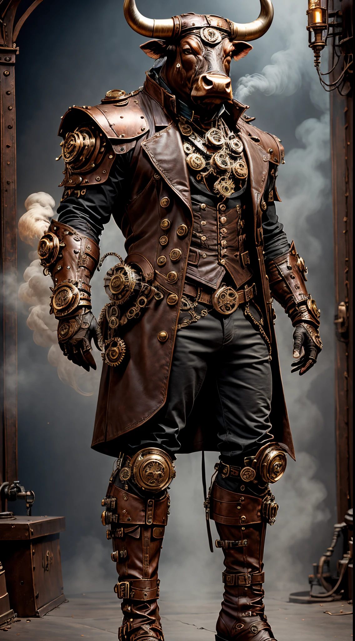 steampunc，((anthropomorphic bull))，Muscular，Steampunk clothing，Mechanical  gears integrated into clothing，Intricate patterns on clothes，(sturdy  leather boots)，Steam power accessories，Brass buttons and buckles、copper  ornaments、metal arm gloves