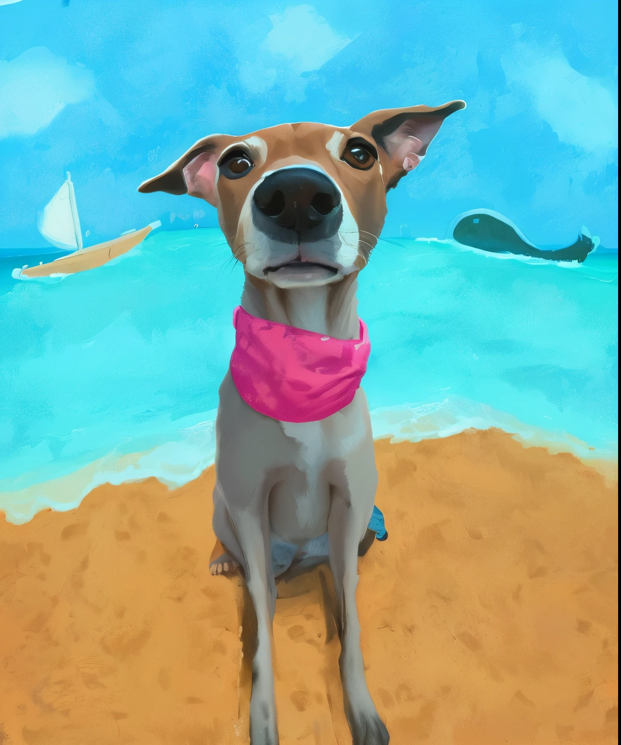 Painting of a dog sitting on a beach with a pink bandanna - SeaArt AI