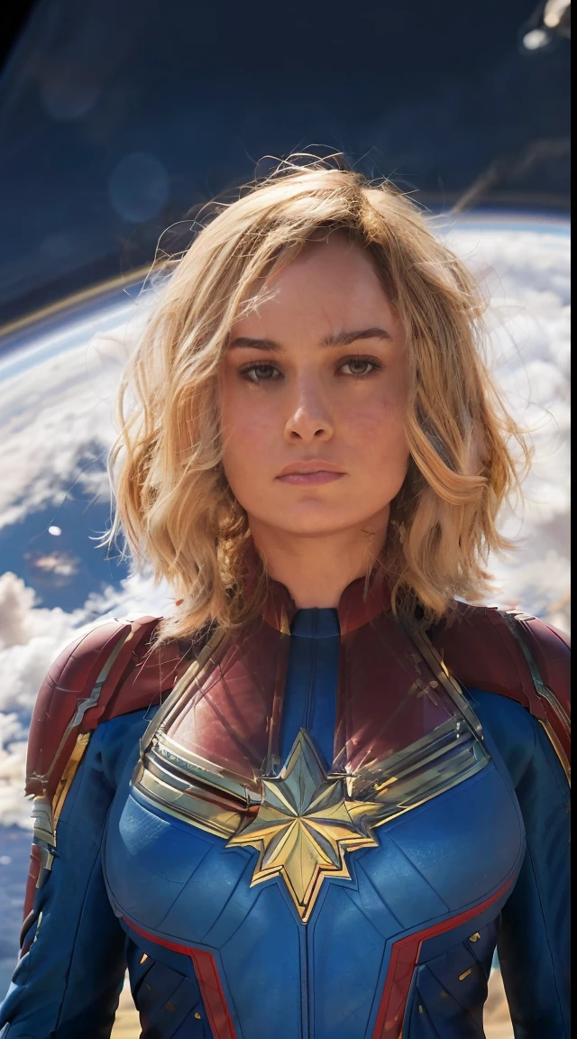Brie Larson As Captain Marvel, full body suit flying in space - SeaArt AI