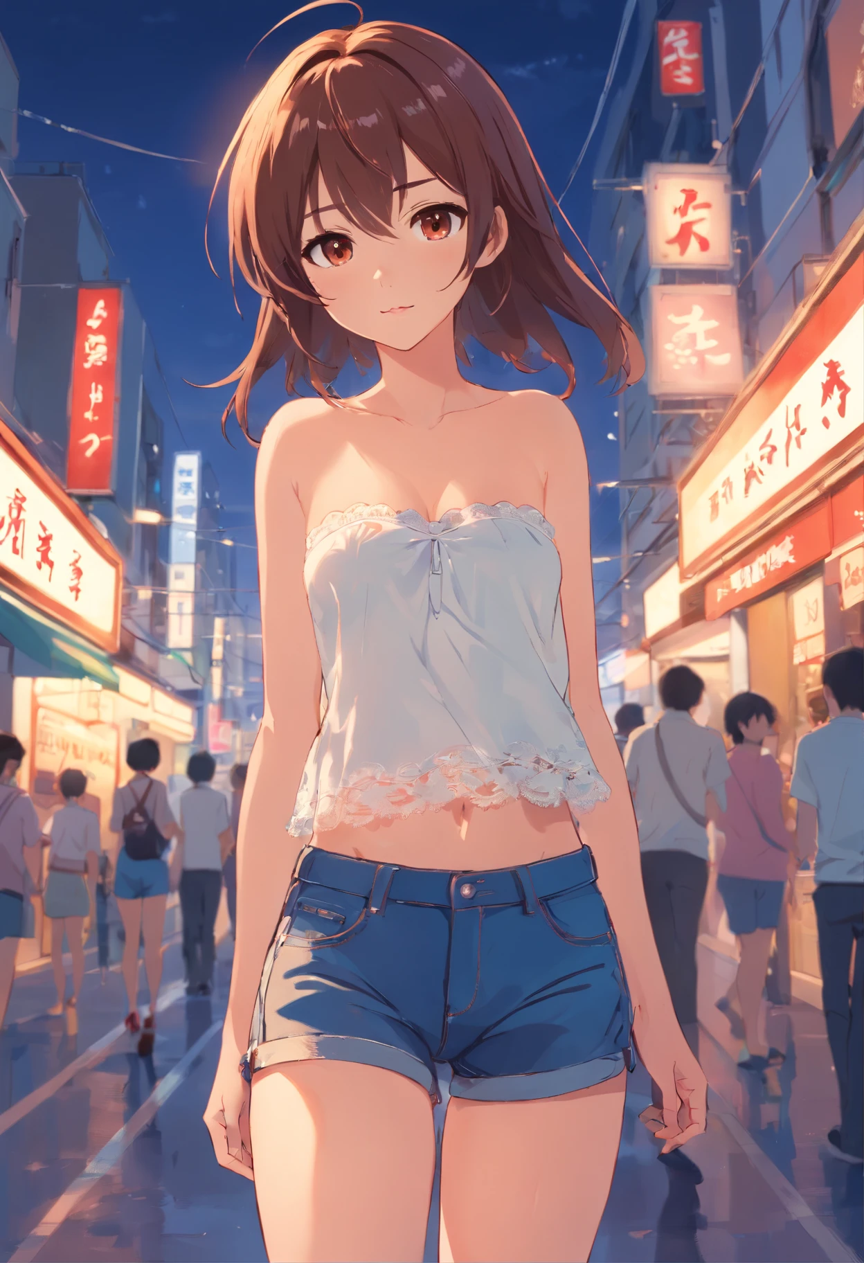 Anime girl in short shorts walking down a busy street - SeaArt AI