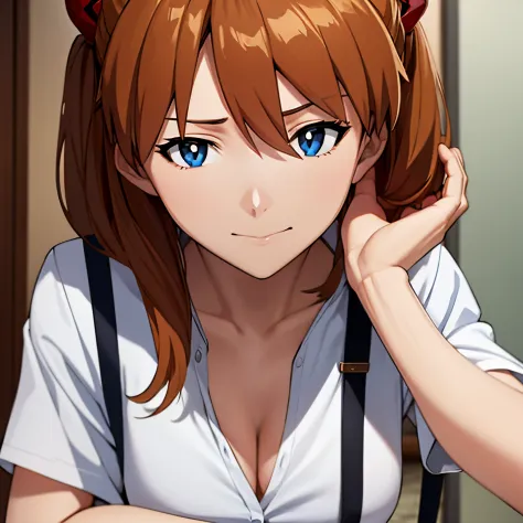 (masutepiece, Best Quality, Detailed), 1girl in, Solo, Souryu Asuka Langley, Face Focus, Blue Uniform, white  shirt