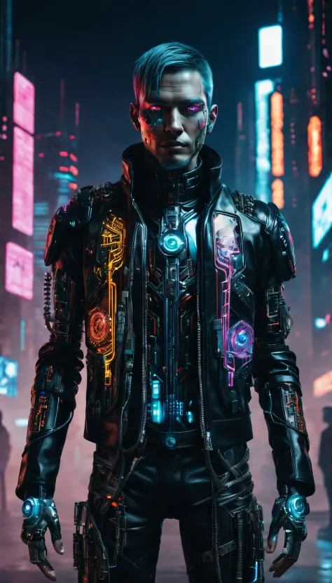 People with cyberpunk-style mechanized body parts stand out. His transparent skin reveals circuits and cables, His eyes glow with colorful LEDs. The limbs are a mixture of flesh and metal, Featuring advanced prosthetic and cybernetic interfaces. wearing th...