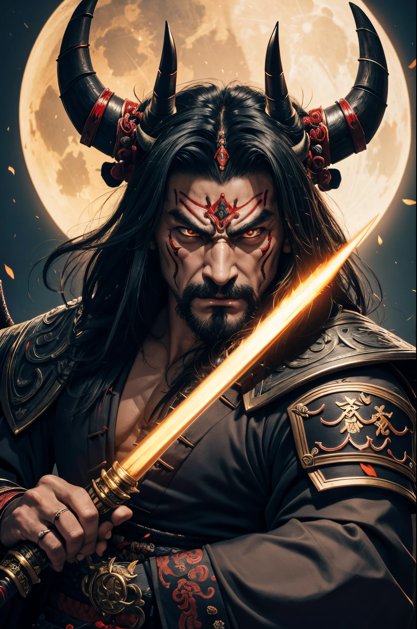 A man with horns and a sword in front of a full moon - SeaArt AI