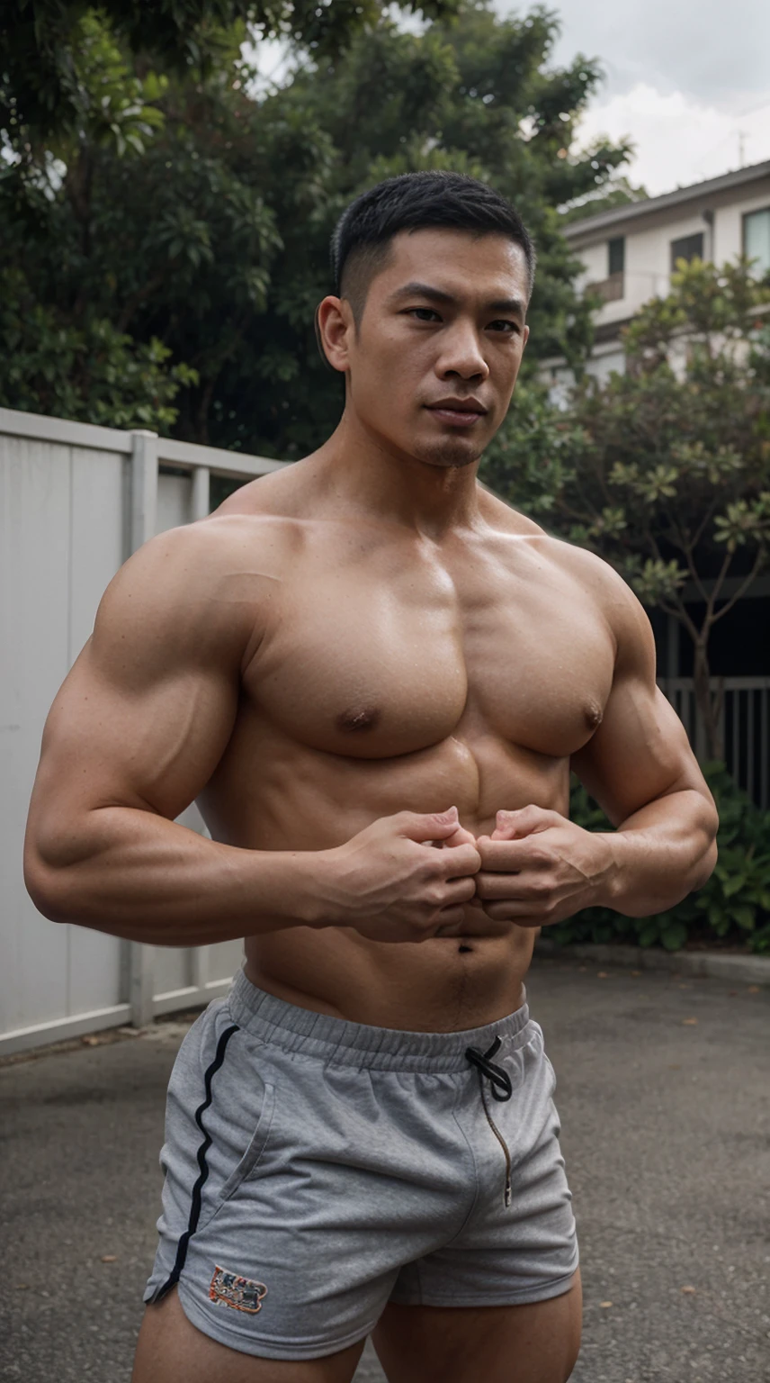 Asian muscle man，musculous，There are muscle lines，Brush cut，Naked upper  body - SeaArt AI