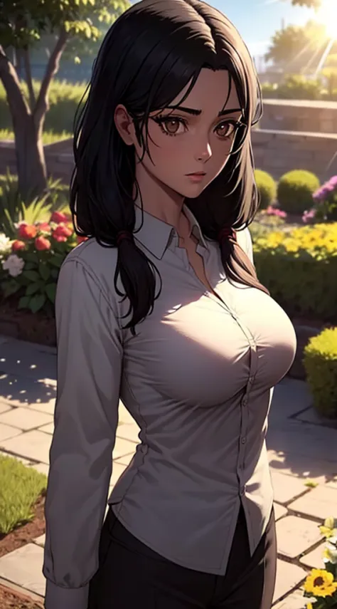 Long hair,black colour suit with white shirt, perfect sized boobs, standing,brown eyes,ultra realistic detailed eyes, beautiful ...